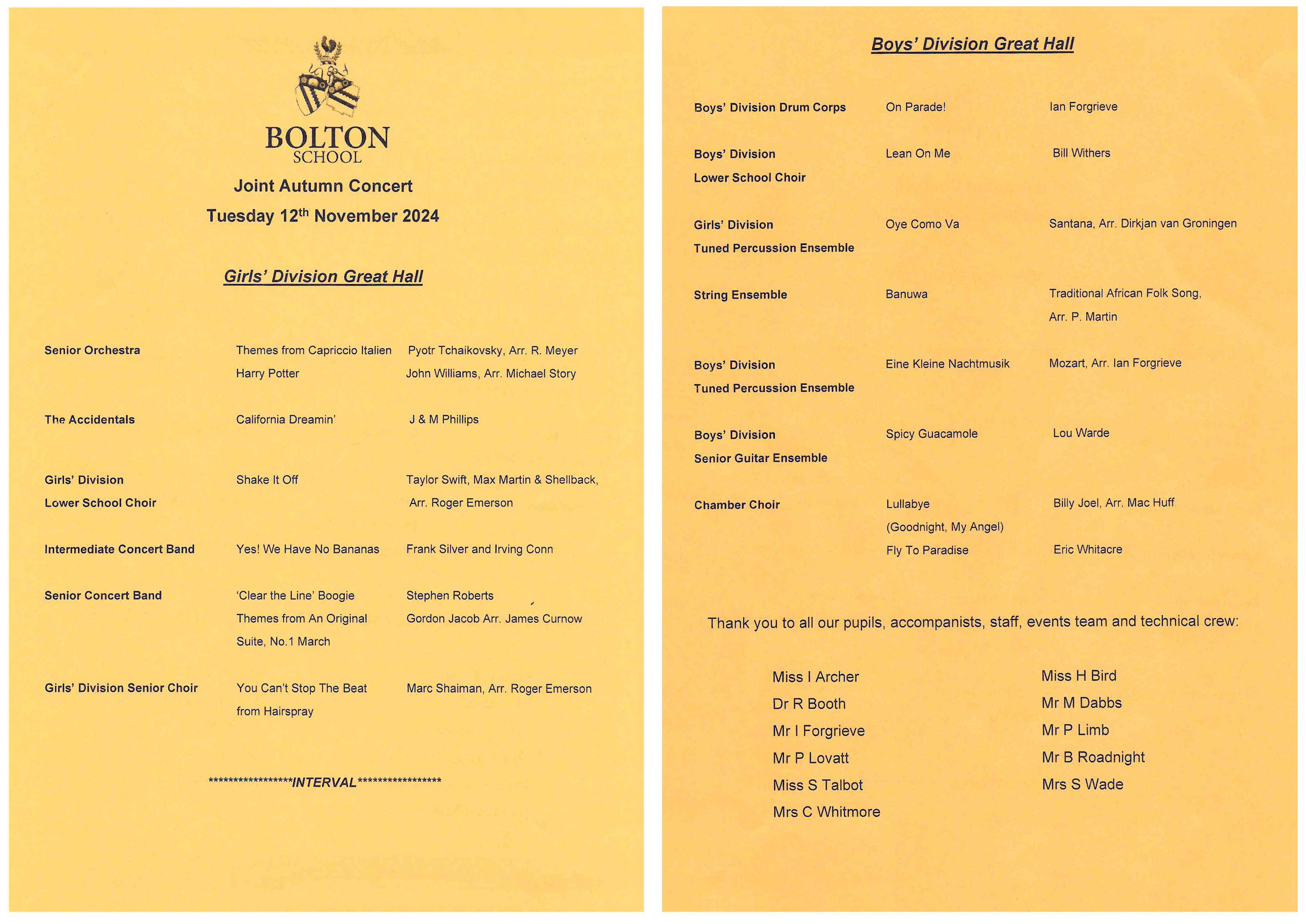 The Autumn Concert 2024 Programme, detailing the various ensembles that performed and the pieces that were played during the evening