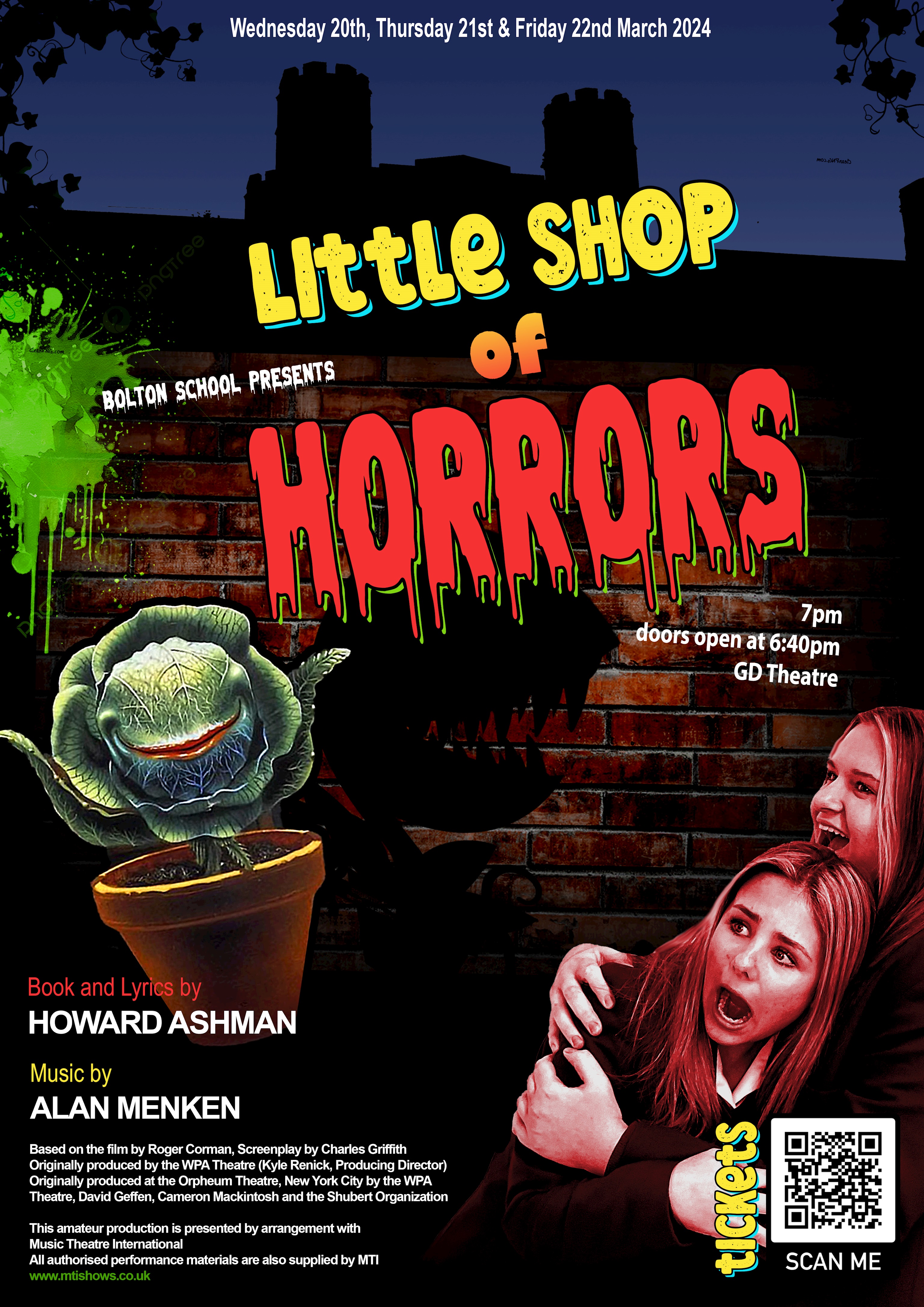 Poster for 'Little Shop of Horrors' at Bolton School featuring screaming girls tinged in red and a smirking potted plant